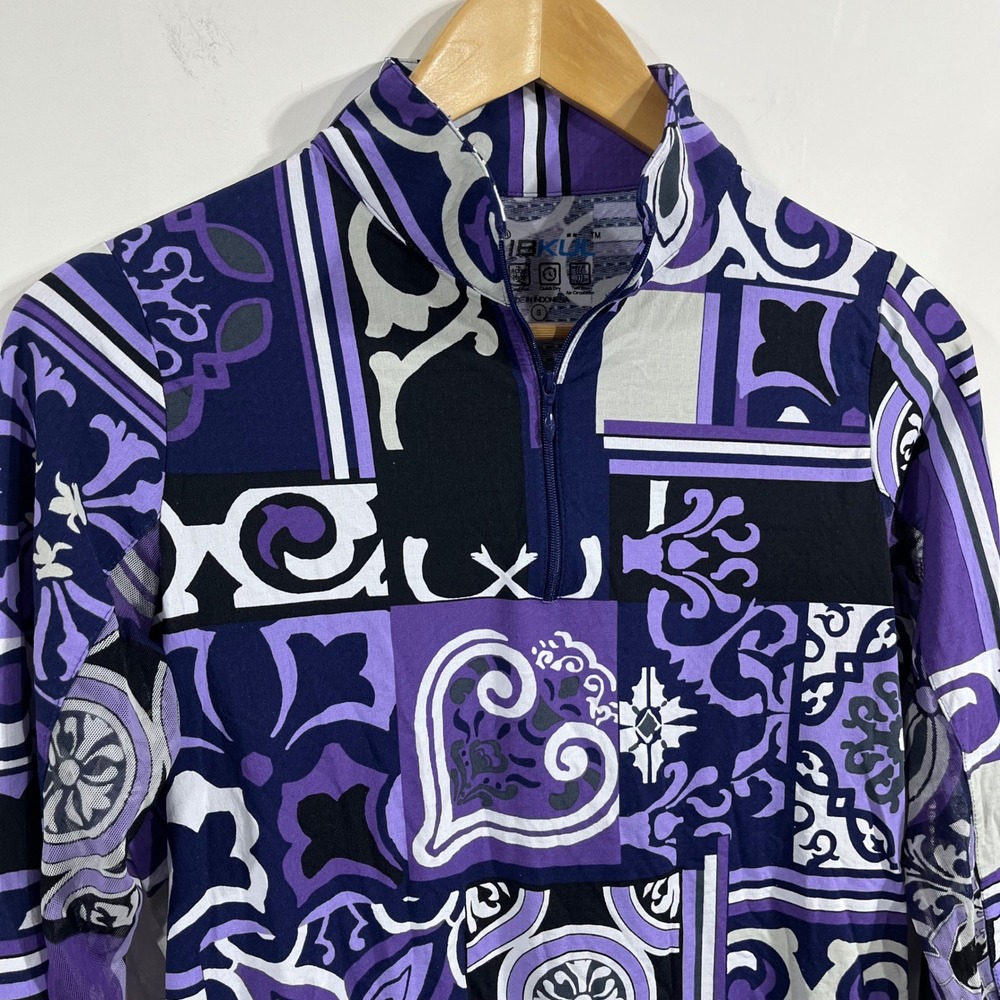 IBKUL Womens Purple Blue Tile Print UPF 50+ Quarter Zip Mock Neck Top Small Golf - Picture 3 of 11